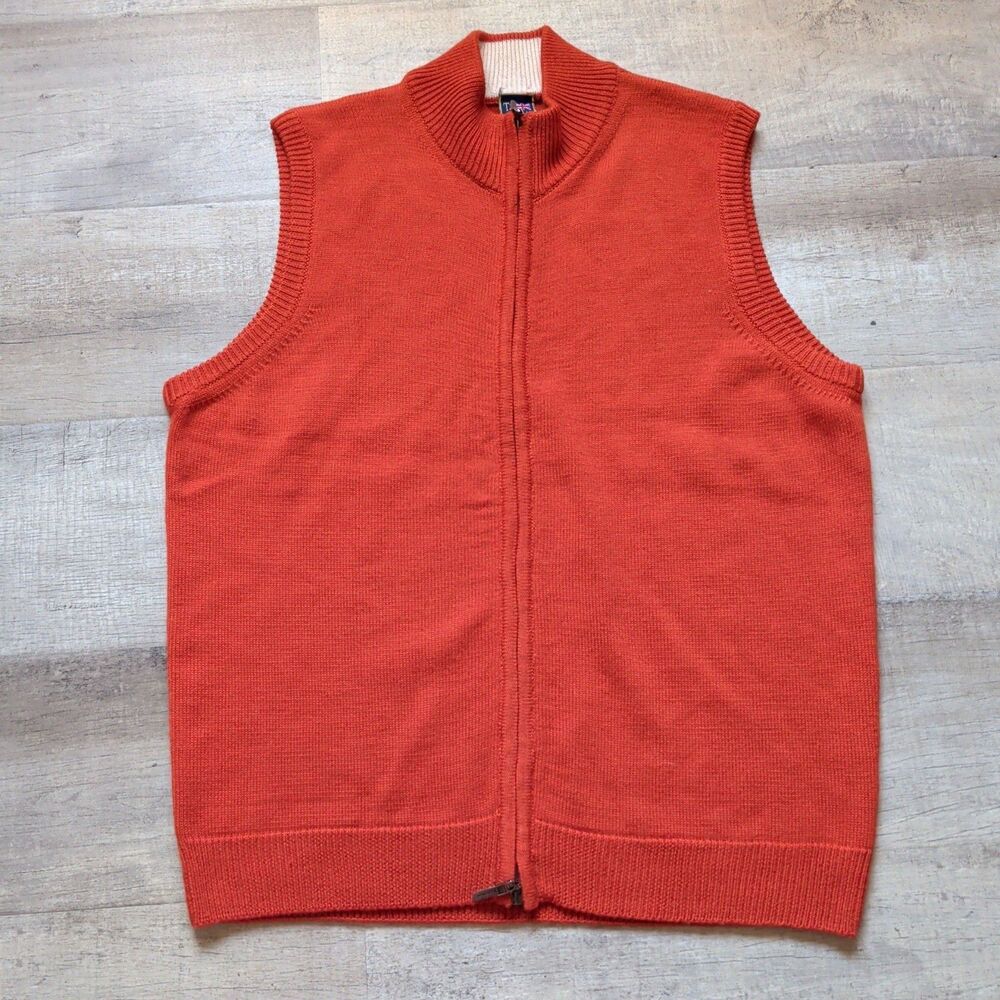 ​T. Harris London Mens Full Zip Knit Sweater Vest Orange Wool Blend Size Large